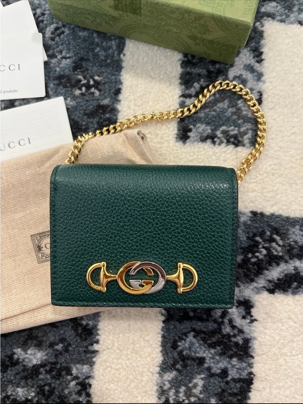 Gucci Green Pebbled Leather Mini Shoulder Bag with Gold Chain
